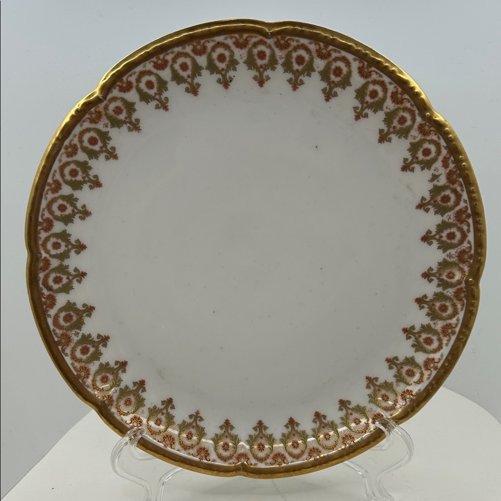 Wm Guerin Limoges France Porcelain Plate Gold Scalloped Rim Floral Swag 7.5 Inch